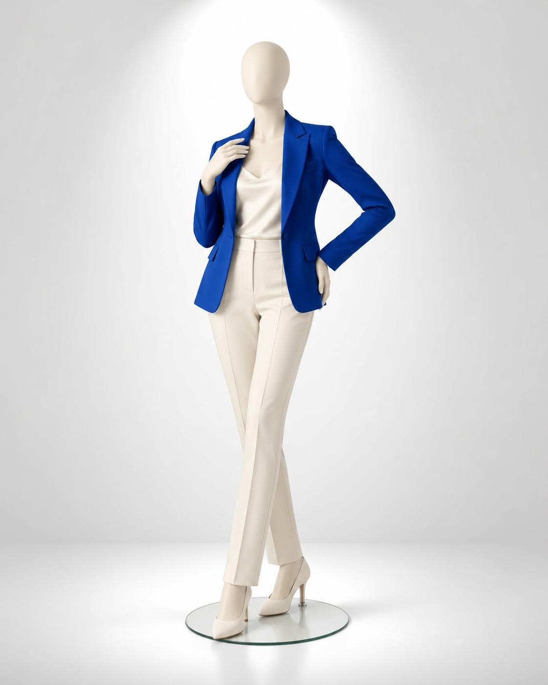 Cream mannequin in an electric-blue blazer over an ivory camisole and ivory trousers