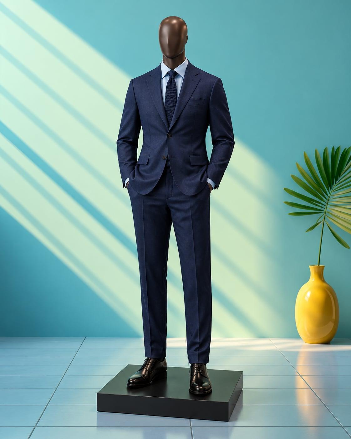 Brown mannequin in a navy slim-fit suit, light-blue shirt and knitted tie
