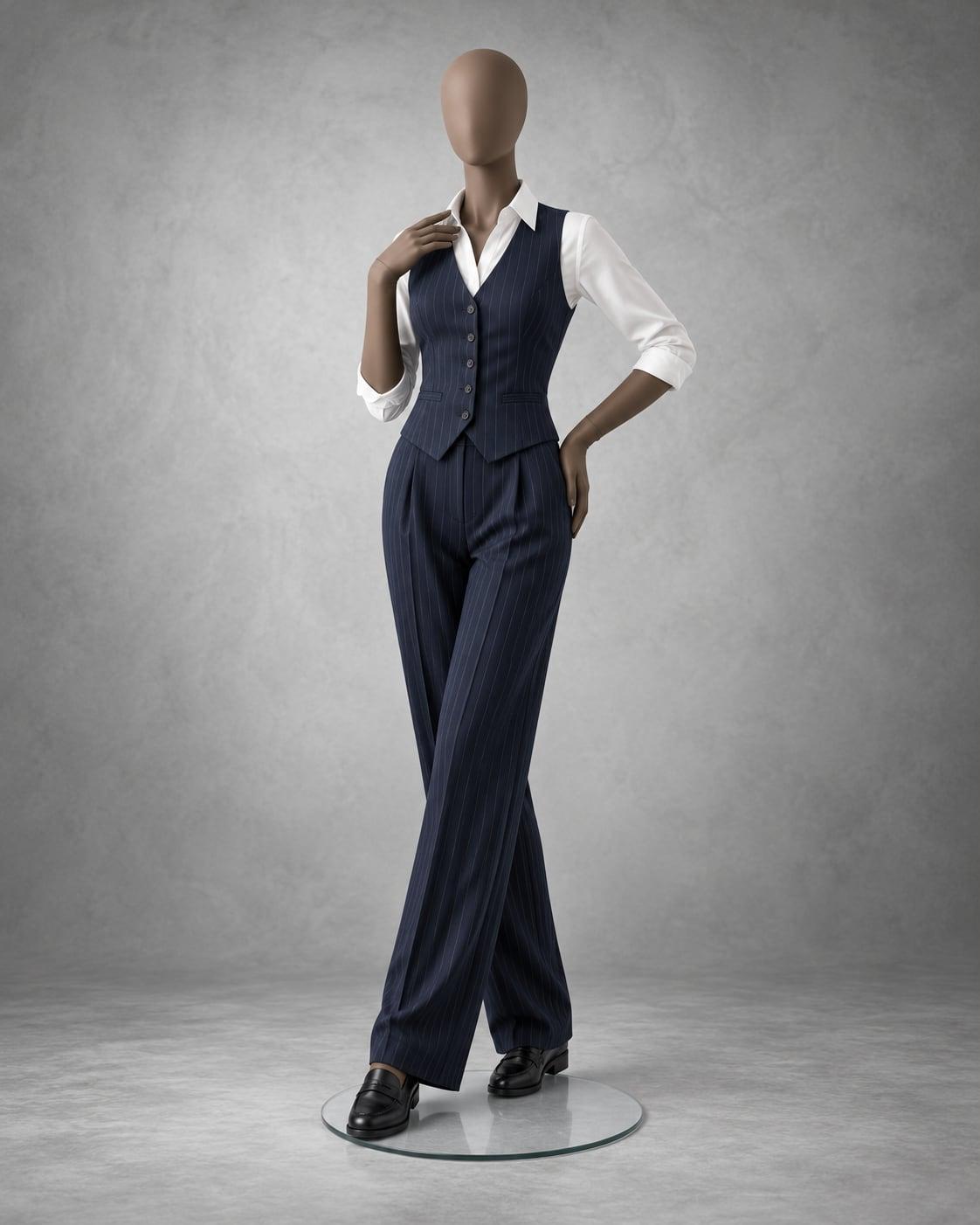 Brown mannequin in navy pinstripe wide-leg trousers, matching waistcoat and white shirt